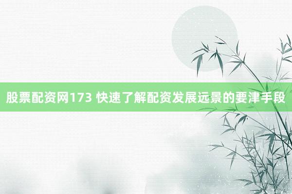 股票配资网173 快速了解配资发展远景的要津手段